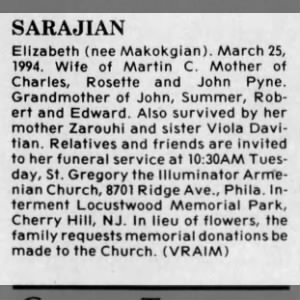 Obituary for Elizabeth SARAJIAN