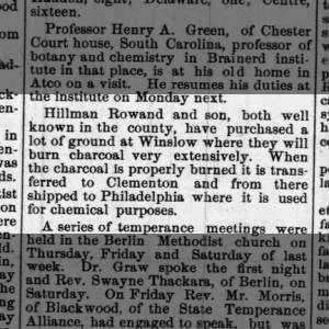 1884 Hillman Rowand,Son ….Burned charcoals in Winslow and transferred to Clementon 