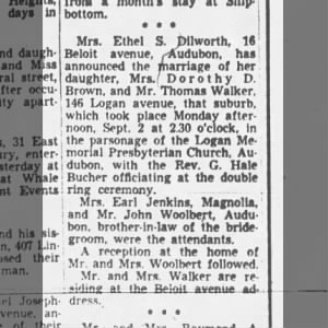 marriage of Dorothy Dilworth Brown to Thomas Walker